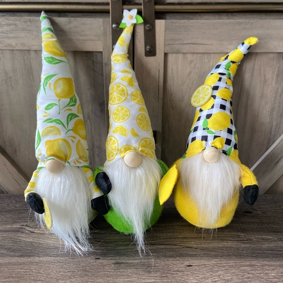 Other - Gnome Plush Decor Spring Lemons Gingham Yellow Green Set of 3 Summer